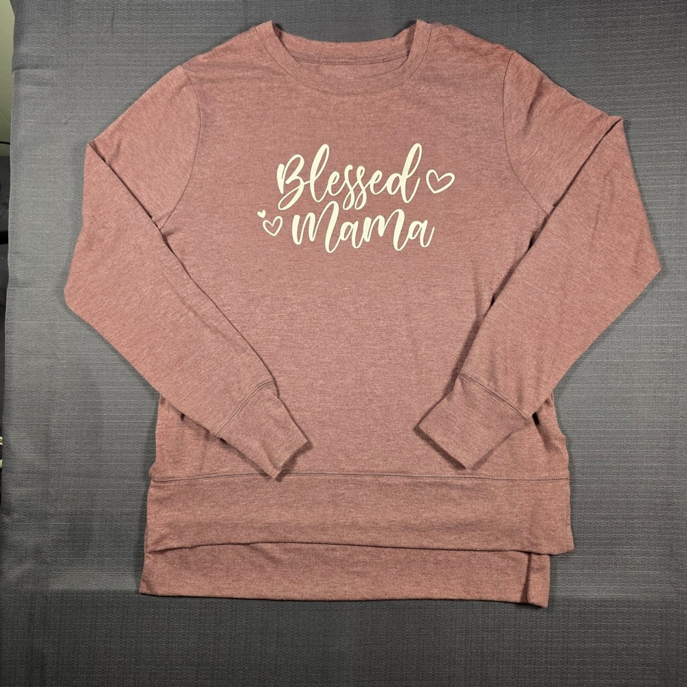 PositiviTees Blessed Mama Graphic Pullover Top Mauve Pink Heathered Womens M